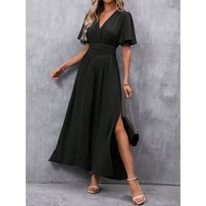 v neck Butterfly Sleeve Split Thigh maxi Dress black